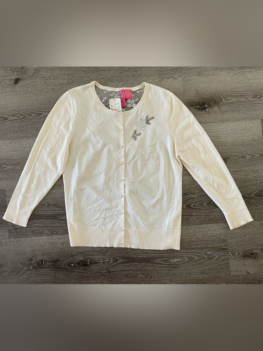 Embellished Cream Button-Front Cardigan XL silk blend sheer back lace
